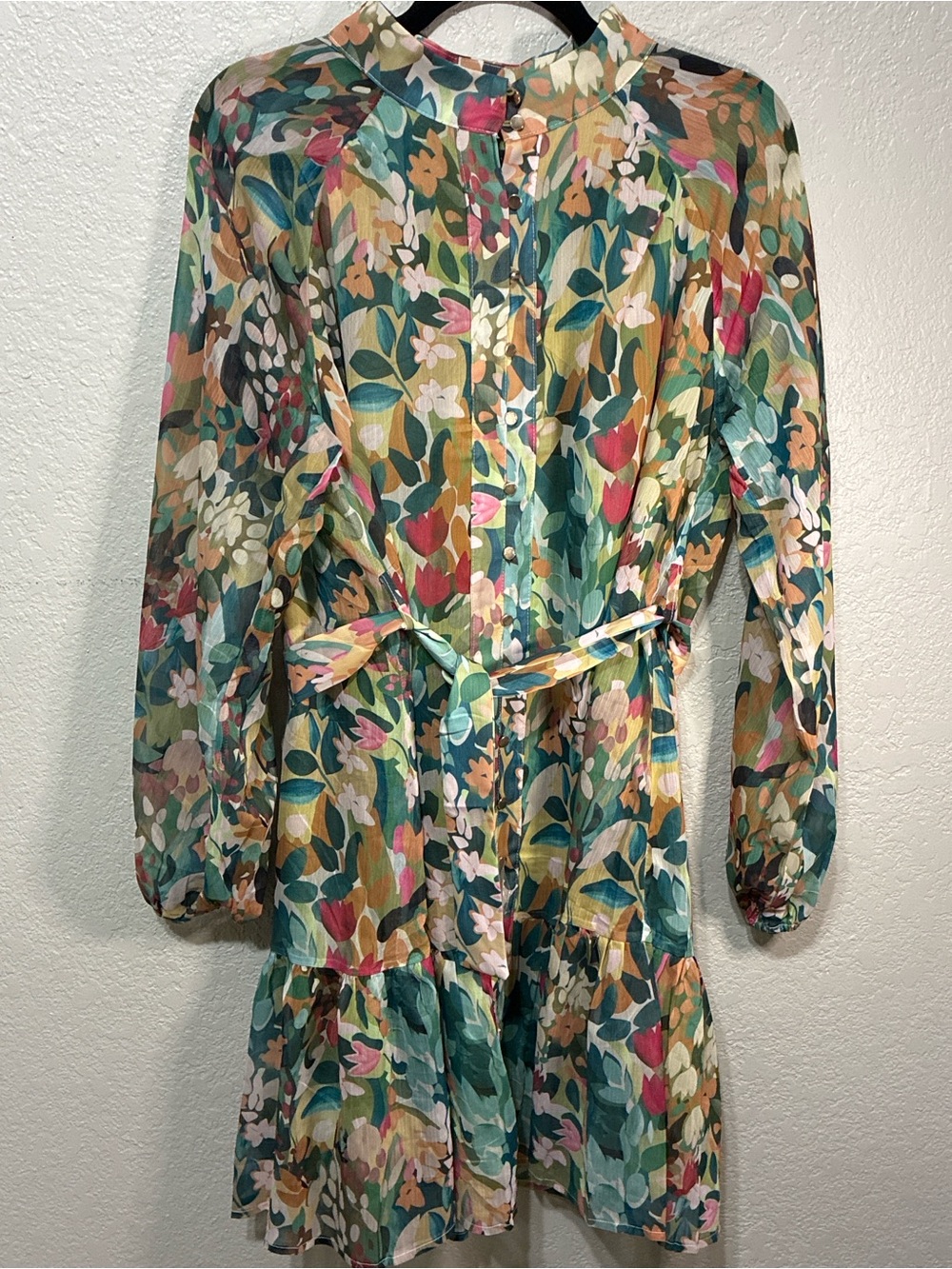 Zesica Green Floral Long-Sleeve Tie-Waist Dress